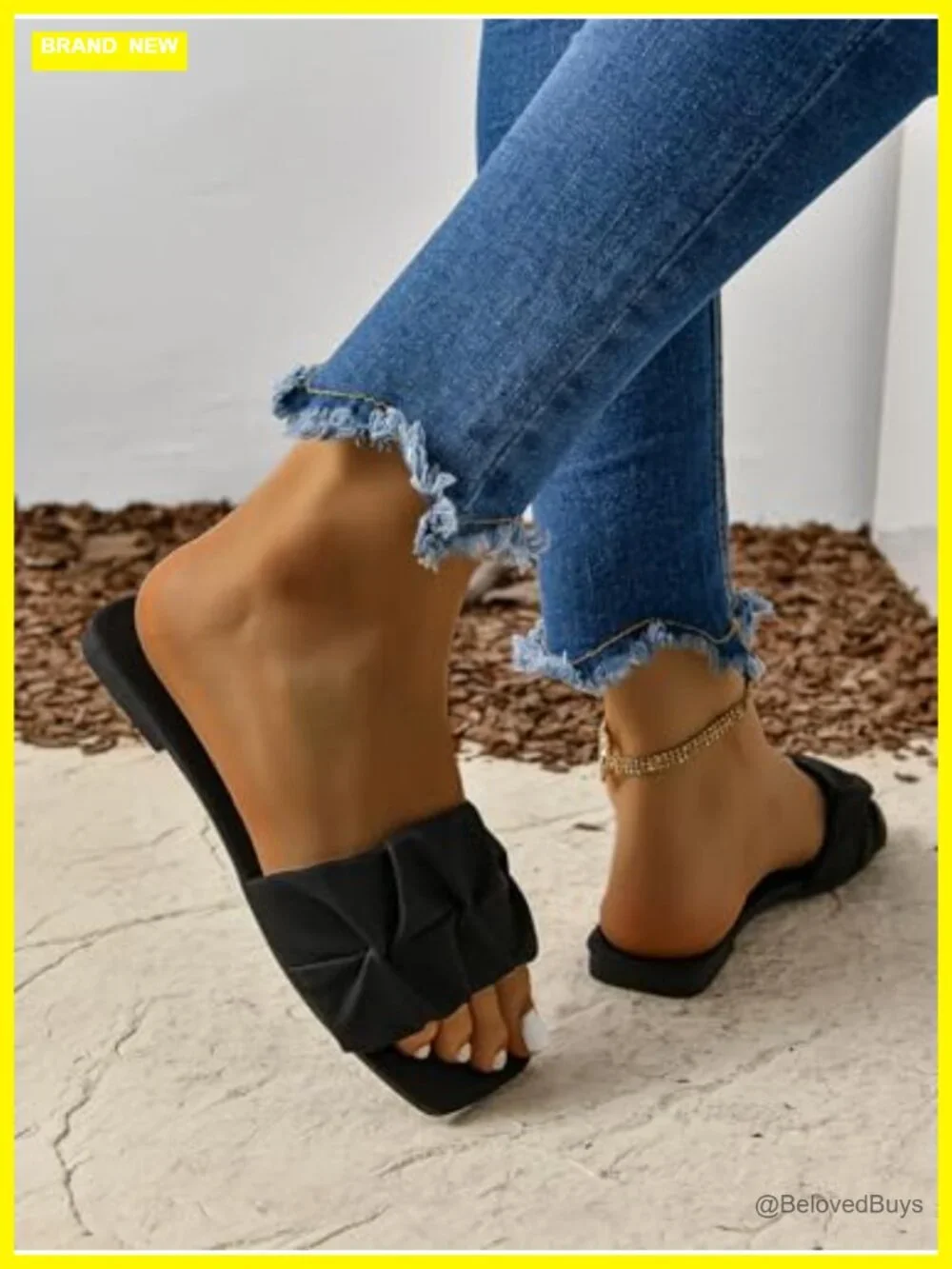 Women's Square Toe Slide Sandals Flat Ruched Design Slip On Comfortable